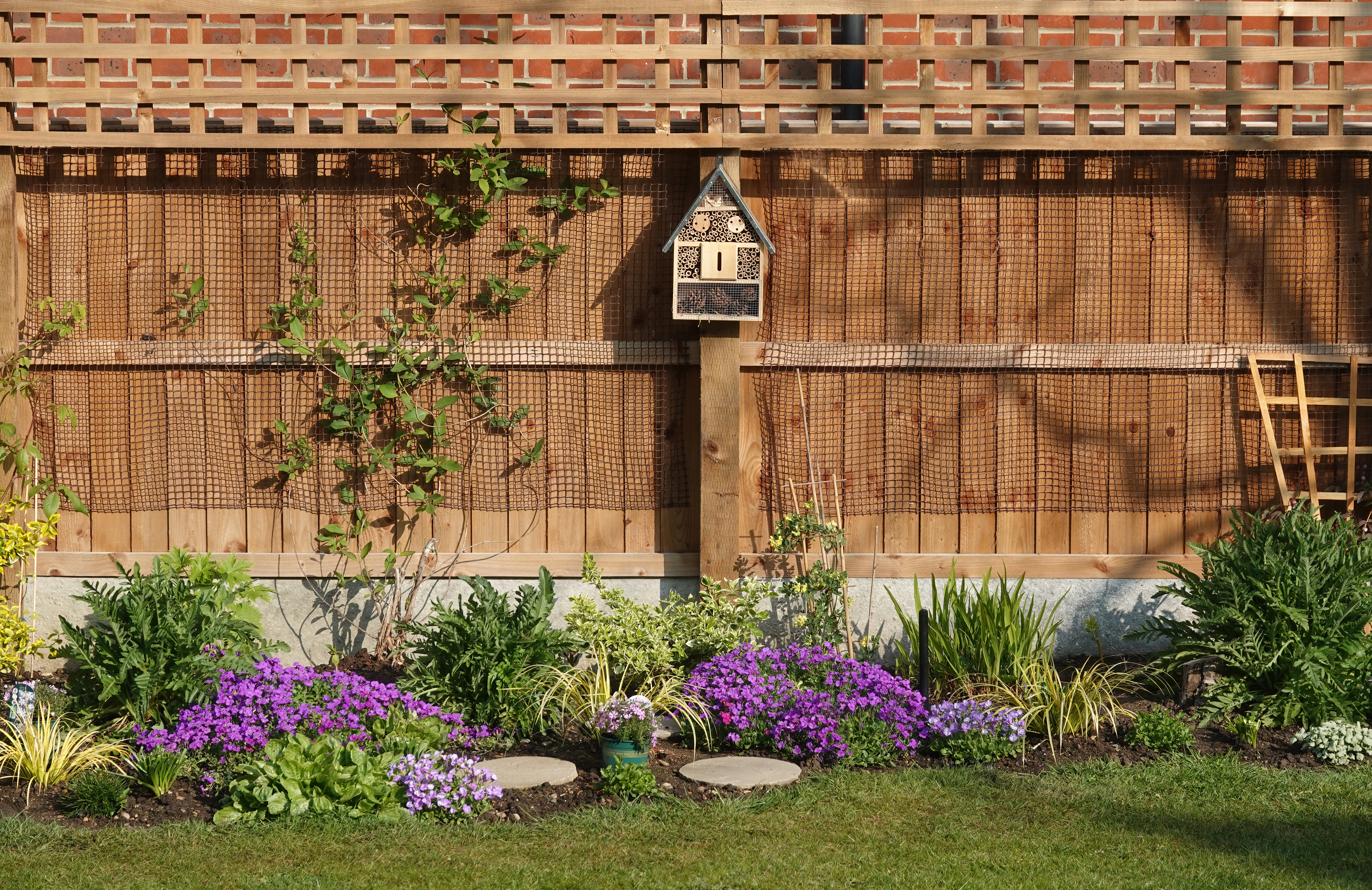 Houten schutting met een vogelhuisje